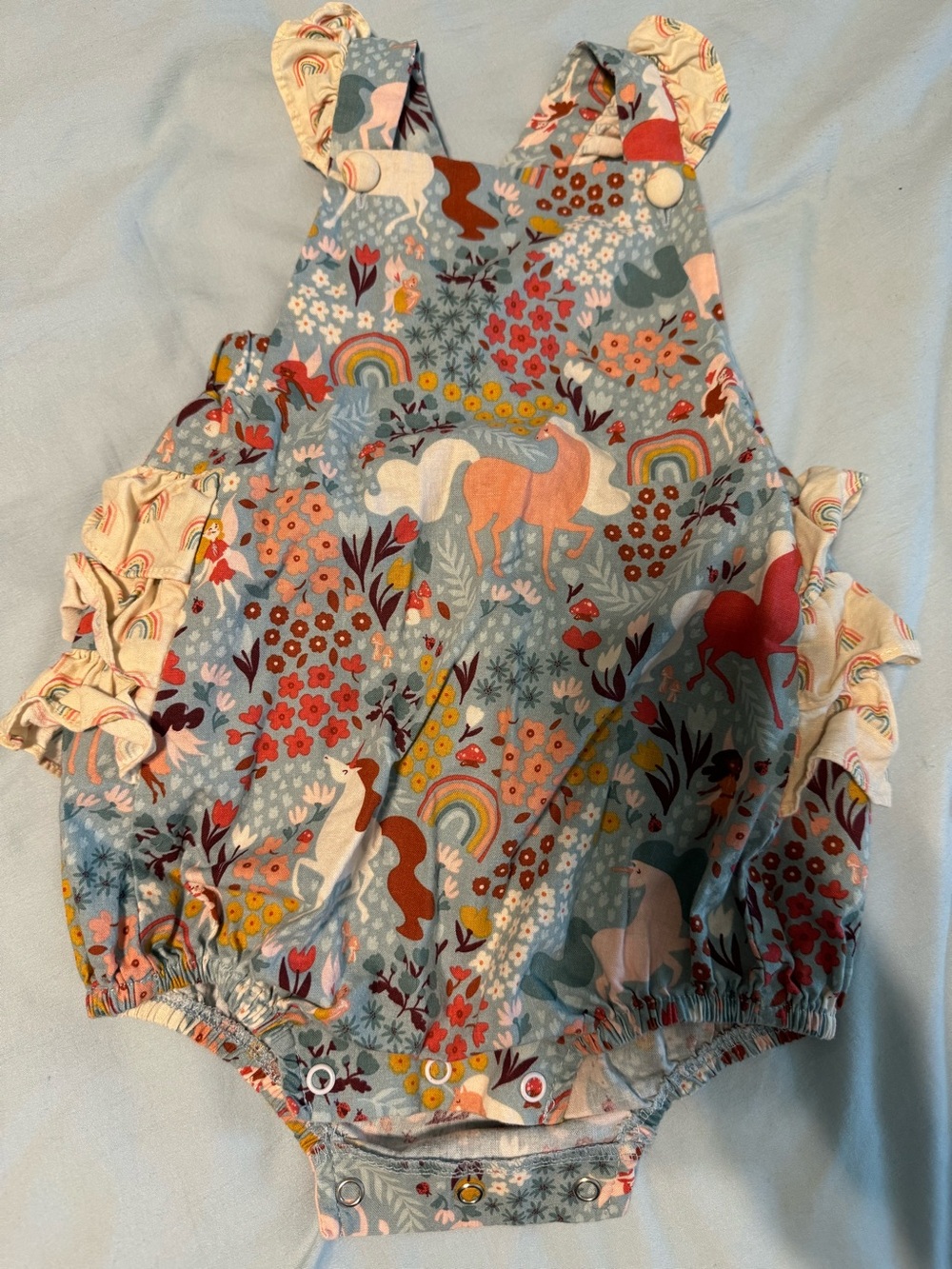 Ricrac & Ruffles - Unicorn & Rainbow Floral Baby Romper in Dusty Blue